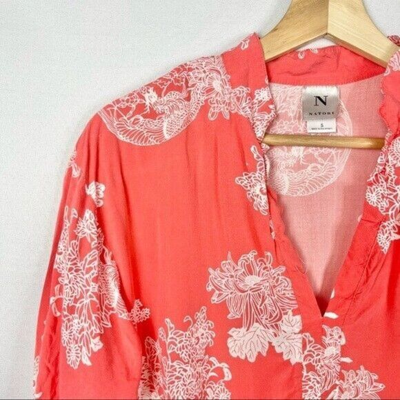 Natori Coral Pink White Floral 3/4 Long Sleeve Blouse S - Picture 3 of 3